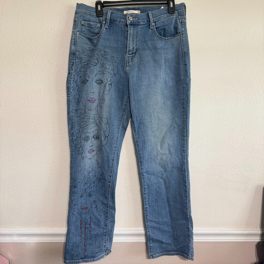 Levis 505 Straight Leg Jeans Womens 12 Medium Wash Denim Custom Hand-Painted Art